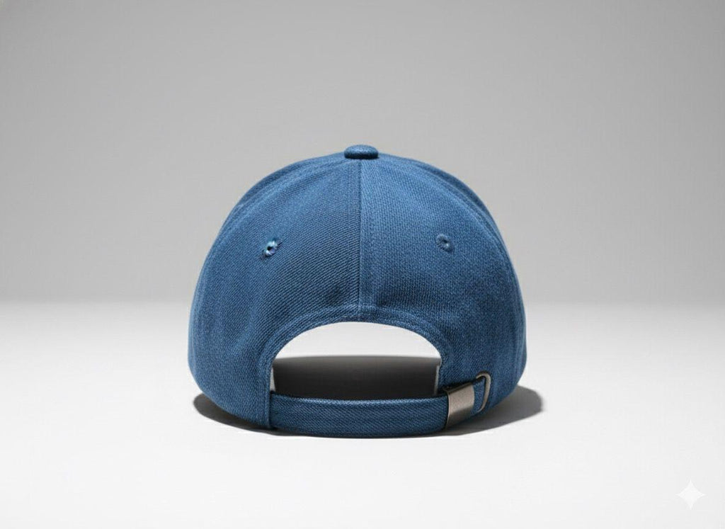 Blue baseball cap with a heart-shaped label on a light gray background