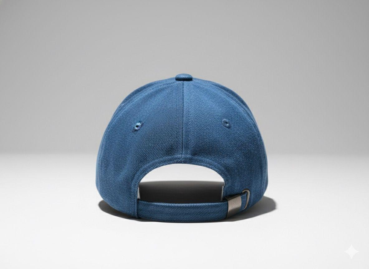 Blue baseball cap with a heart-shaped label on a light gray background